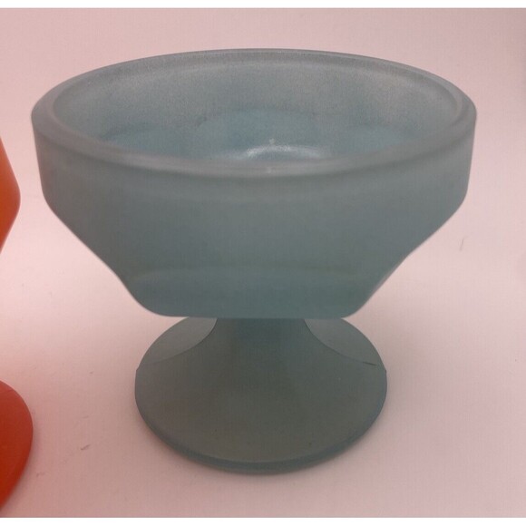 VTG Federal Glass Frosted Orange Glass Blue Dessert Pedestal Dishes MCM Set of 2 - Picture 3 of 8